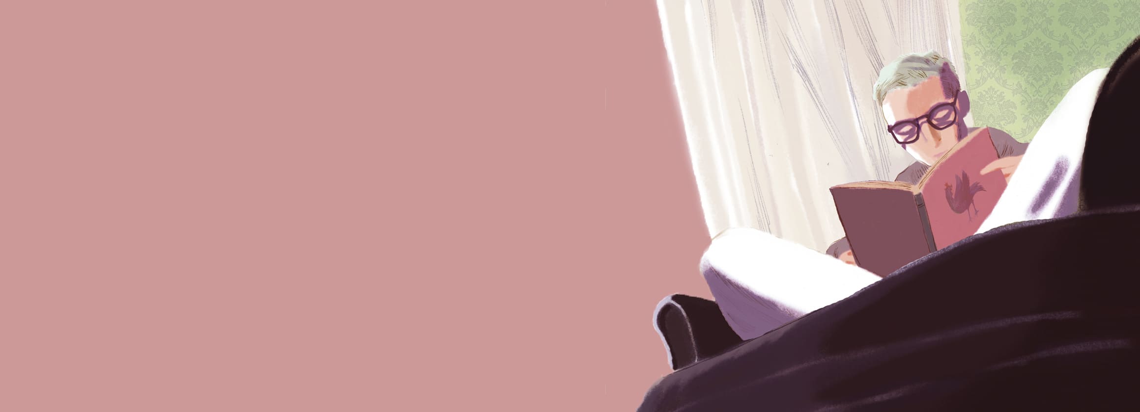 Die Illustration zeigt eine Person mit Brille und kurzen Haaren im Sessel, die in ein Buch vertieft ist.
